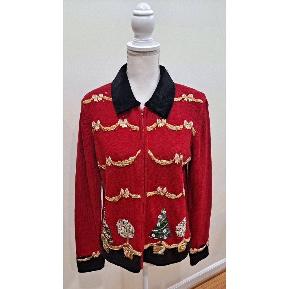 M Vintage Cardigan Sweater Tiara International 2004 Christmas Trees And Topiarys
